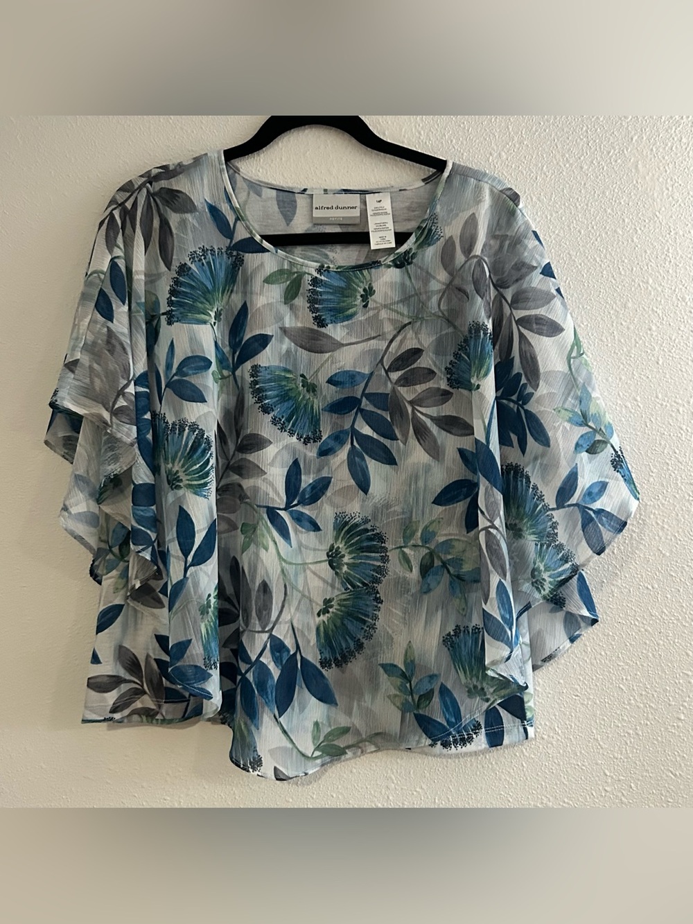 Alfred Dunner Blue Gray Floral Layered Chiffon Top